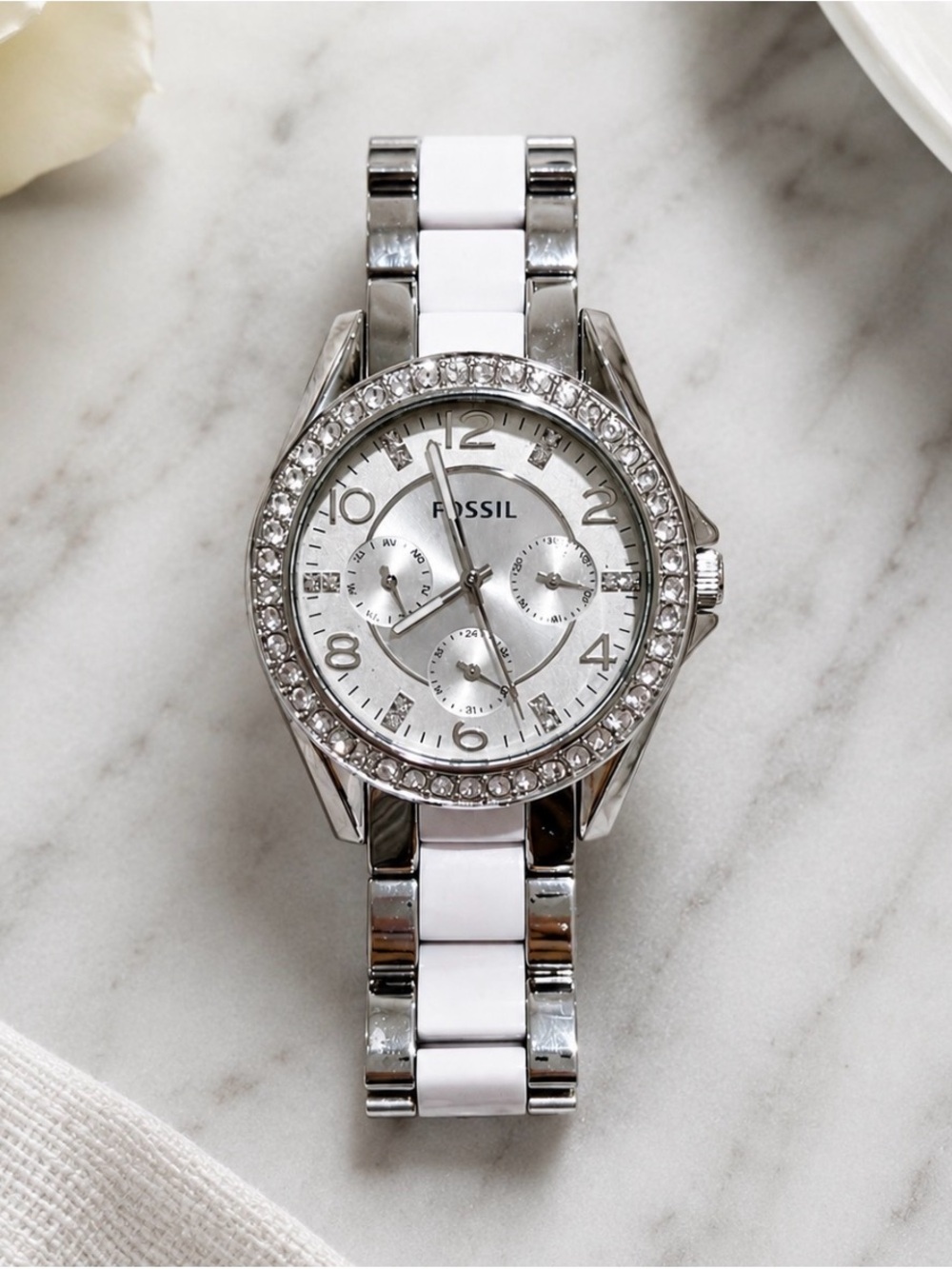 Fossil Silver and White Crystal-Accent Women's Bracelet Watch